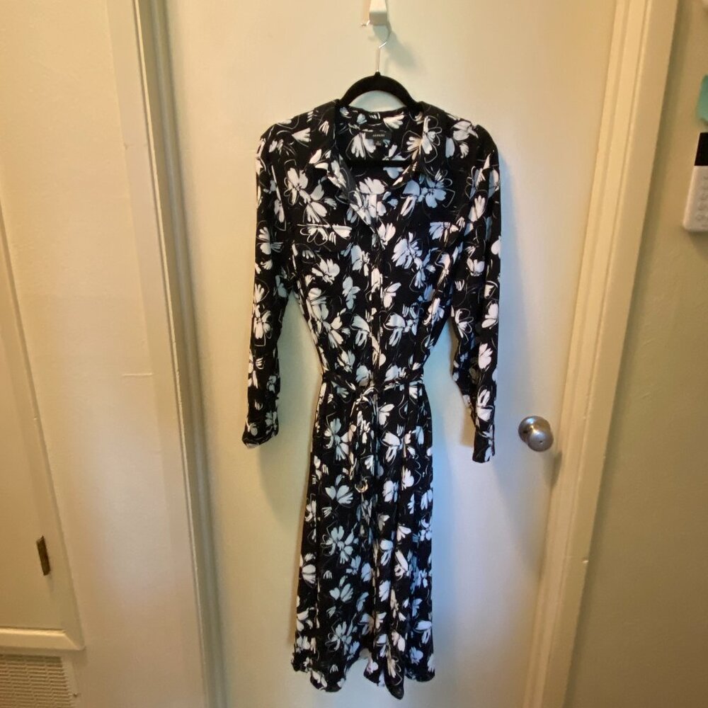 Alfani Black White Floral Shirt Dress XL Belted Button Front Midi Career Casual